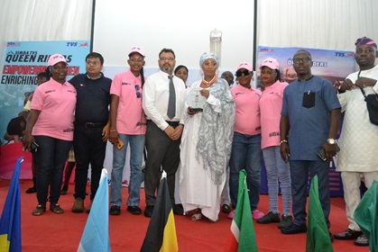 The Queen of Ile Ife, HRM, Queen Aderonke Ademiluyi Ogunwusi (Centre), Mr. Mahendra Pratap, Business Head, Simba TVS and beneficiaries of the Queen Riders Program along with senior staff of Simba at the Future Women Conference 2023 held at the University of Lagos Auditorium, recently